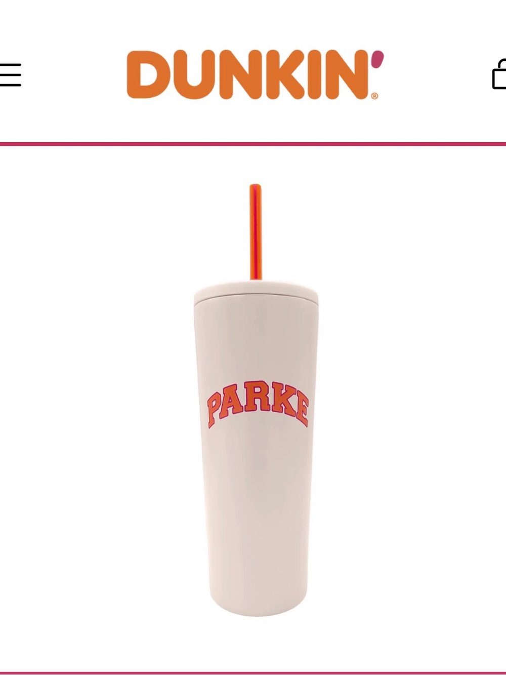 Cream Insulated Tumbler with Orange Straw and Red PARKE Logo